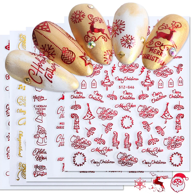 Nail Art Xmas Design - クリスマスネイルアートデザイン、トランスファースライダー、3Dデカール、赤、金、冬、クリスマスツリー、キラキラ、スノーフレーク、エルク