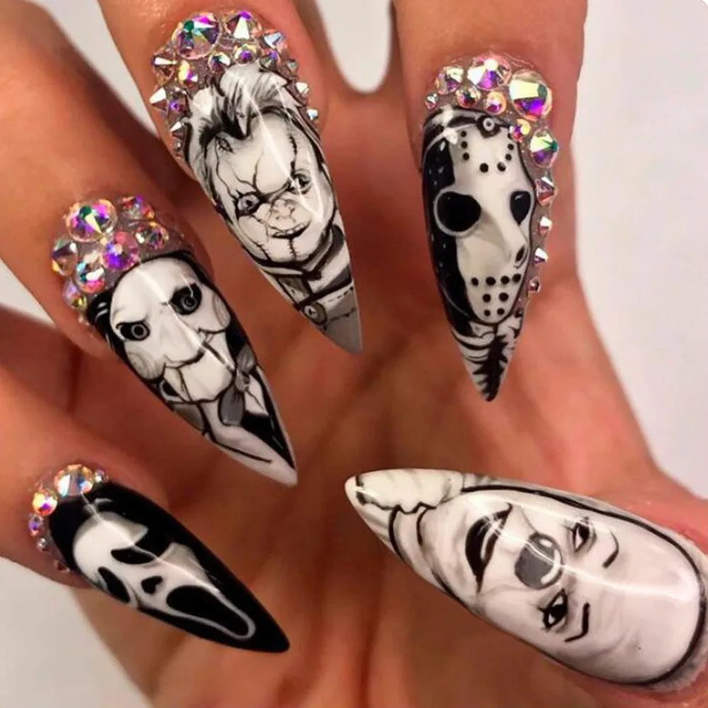 Nail Art Vampire - ラインストーン付きの再利用可能な光沢のある偽の爪,長いアーモンド,黒と白,ホラースタイル,24個
