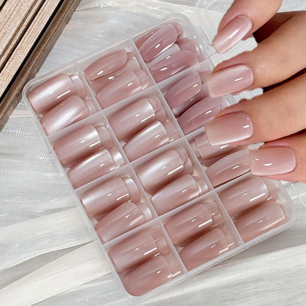 Nail Art Wedding - 144枚入り 光沢のあるヌードピンクのキャッツアイフェイクネイル ミディアムスクエアラウンドプレスオンネイル 女性用 夏用キャッツアイ装着可能なつけ爪