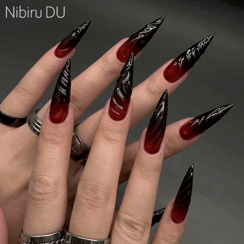 Nail Art Vampire - 24 個ハロウィンブラッドプレス爪セットロング棺光沢のあるアクリルネイルチップフルカバーバレリーナ付け爪女性 & 女の子用