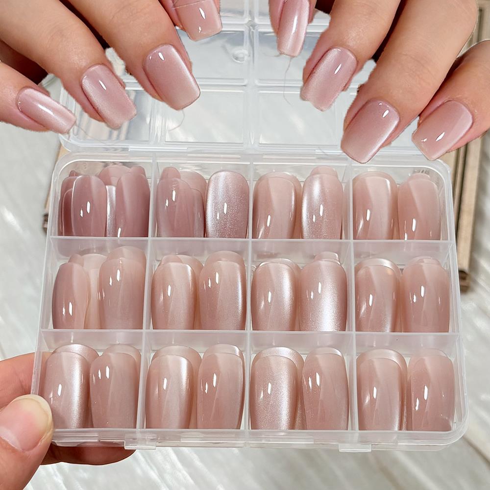 Nail Art Wedding - 144枚入り/箱 ヌードピンク キャッツアイ つけ爪 グロッシー ショート