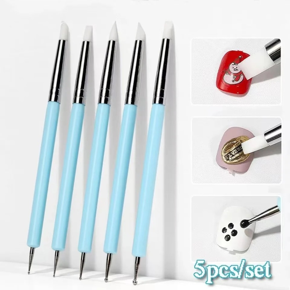Nail Fan Brush - 5個入りシリコン粘土彫刻ツール、ブラシモデリング、ドット付け、ネイルアート、陶器粘土ツール、DIY彫刻ツール