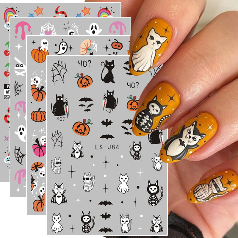 Nail Art Vampire - 4 個ハロウィンゴシック 3D ネイルアートステッカー黒猫漫画 Y2K ピンクゴーストカボチャヴァンパイアネイルデカール