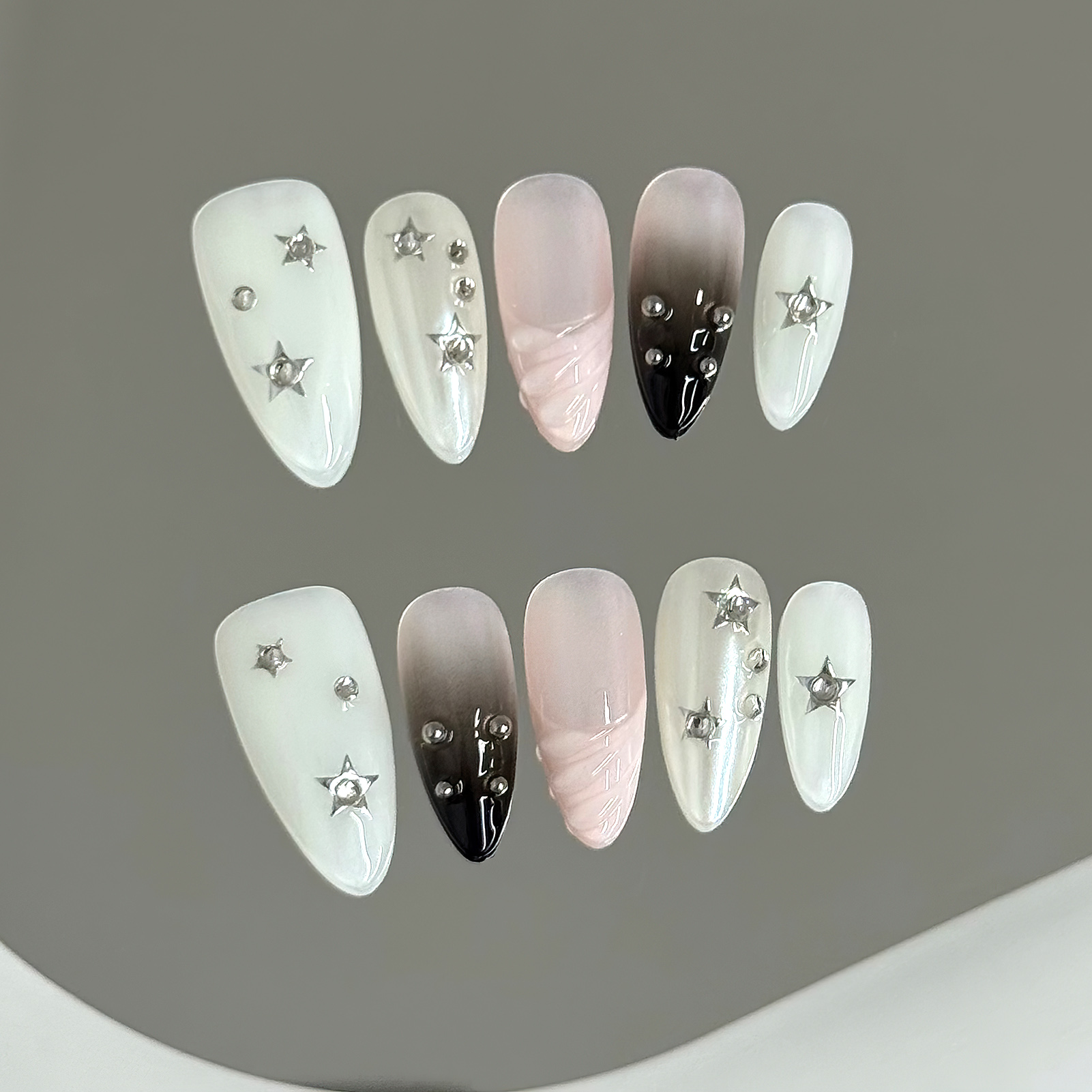 Nail Art Wedding - 10 個アーモンド偽爪スターグリッター付け爪手作りラインストーン人工爪女性パーティー結婚式サロン装飾
