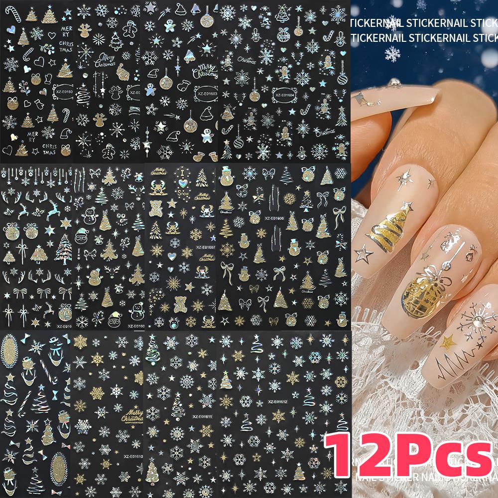 12 個 3D レーザーシルバークリスマスネイルステッカーグ - Nail Art Xmas Design のレビューと価格