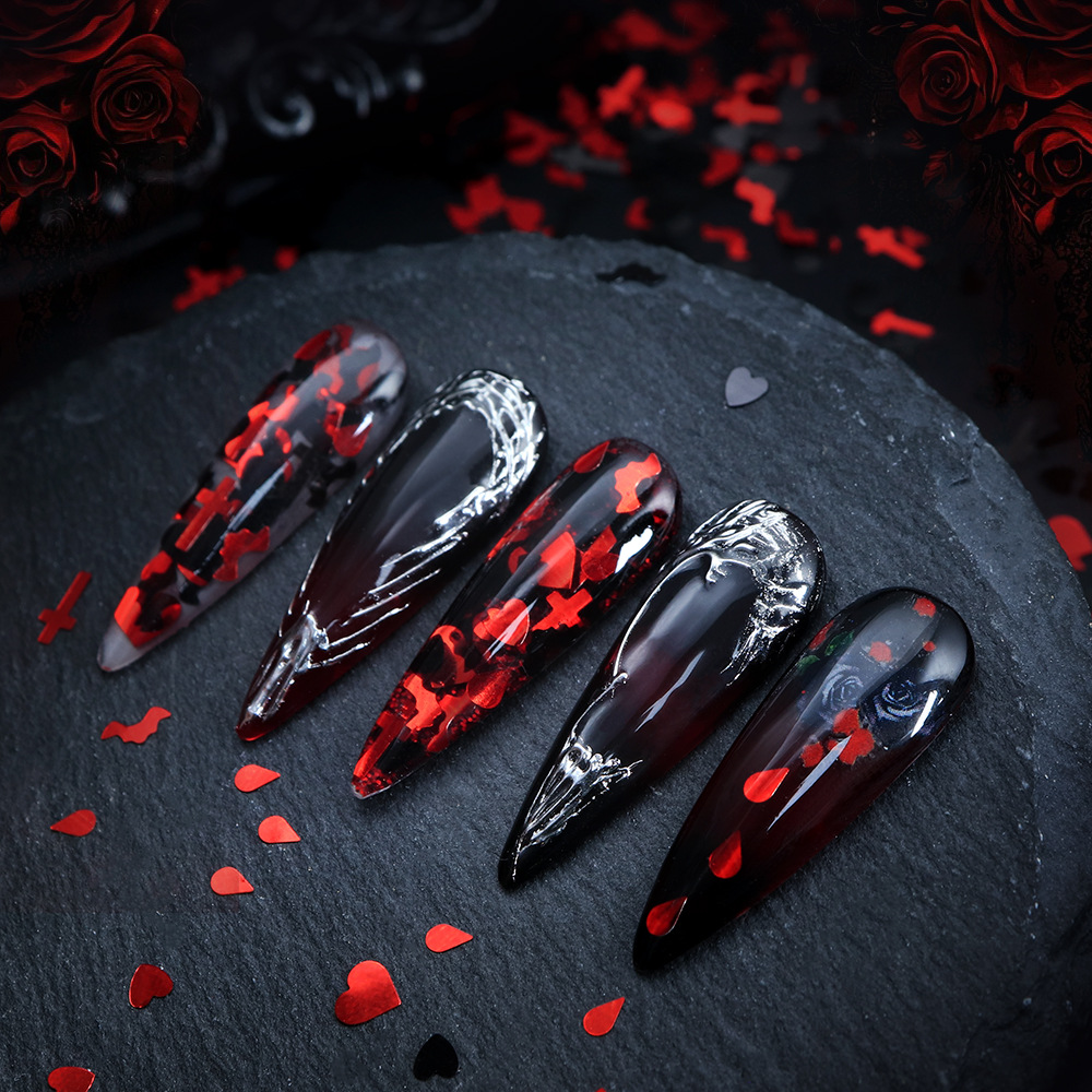 ハロウィンネイルスパンコール 5g – コウモリ、血滴、十字 - Nail Art Vampire のレビューと価格