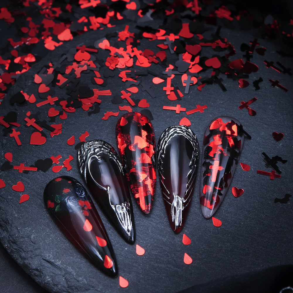 ハロウィンネイルスパンコール 5g – コウモリ、血滴、十字 - Nail Art Vampire のレビューと価格