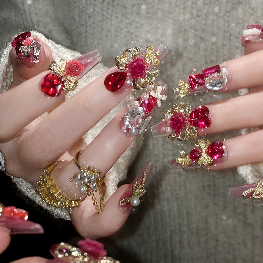 24 個新年重金属プレス爪中国の花嫁の結婚式偽爪フルカバーウ - Nail Art Wedding のレビューと価格