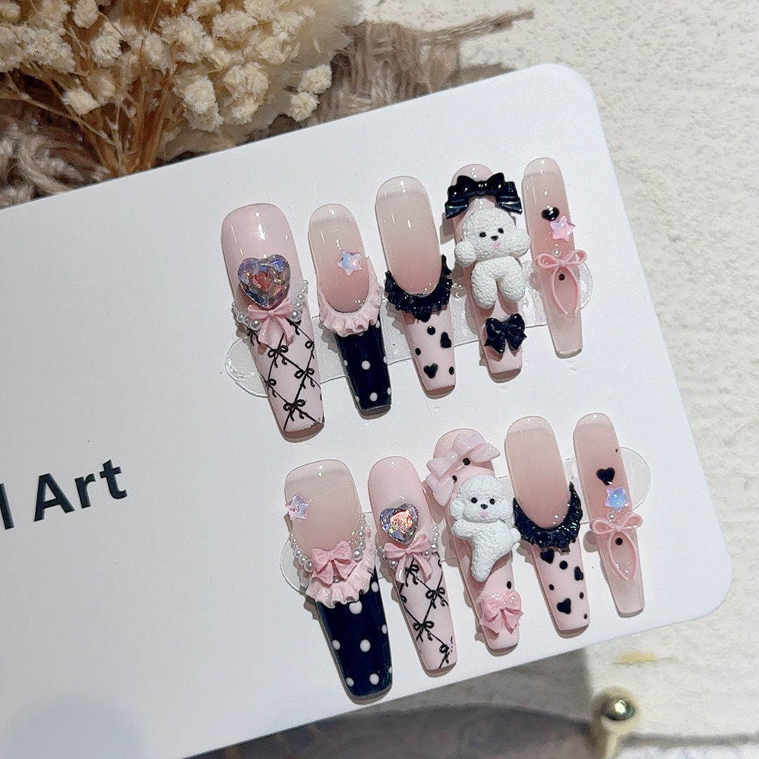 10 個ブラックレース水玉模様バレエフレンチプレスオンネイル - Nail Art Wedding のレビューと価格